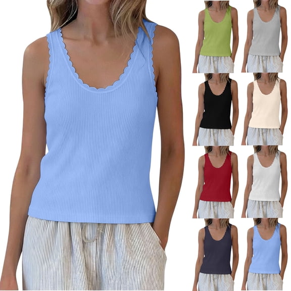 AnuYalue Lace Tank Tops for Women V Neck Wide Strap Soft Ribbed Camisole Fashion Sleeveless Round Neck Top