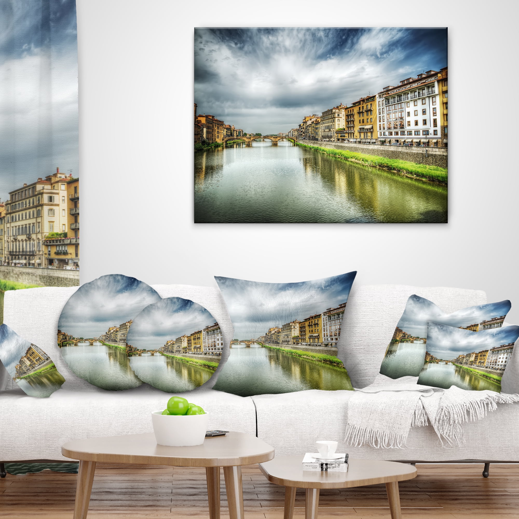 Designart Arno River under Dramatic Sky - Cityscape Throw Pillow - 18x18