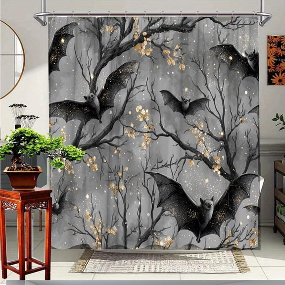 Grey Gold Glitter Bat Bare Tree Halloween Night Print Shower Curtain With Hooks Minimalist Spooky Bathroom Decor