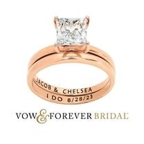 Vow & Forever Personalized Planet Bridal 14K Rose Gold over Sterling Silver Square White Topaz 2-Piece Engraved Wedding Ring Set ,Women's