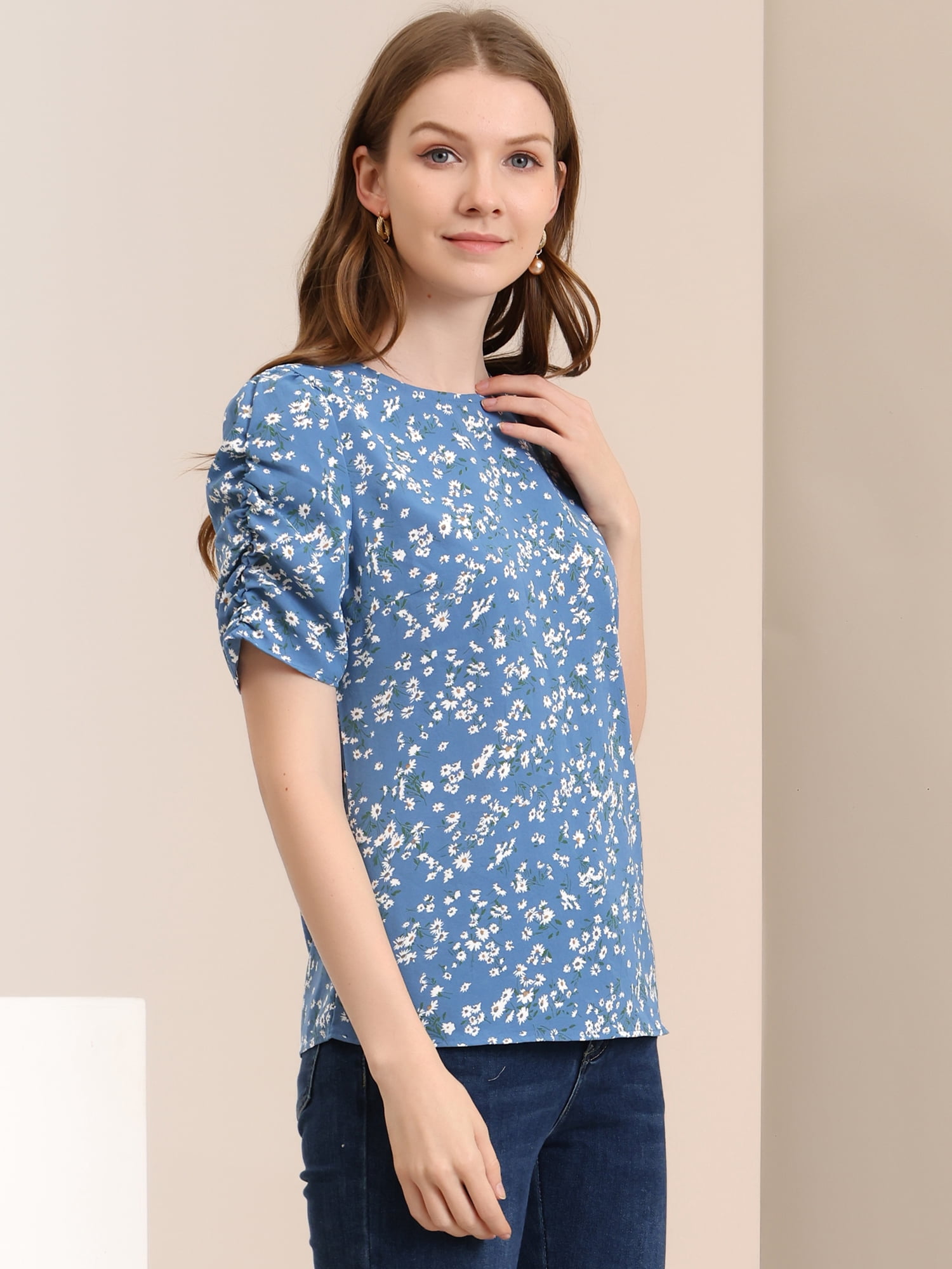 DARING DIVA Floral Crew Neck Shirred Short Sleeve Casual Top XL Blue White