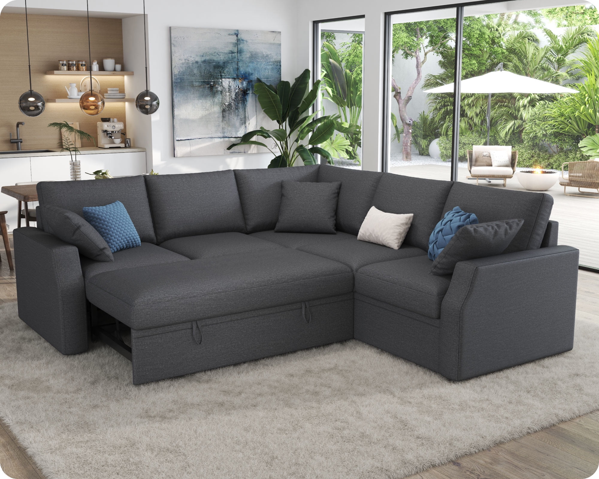 Roomy Homy Sofa Bed, 85 Inch Sleeper Sofa with Pull Out Sofa Bed, L Shaped Couch with Storage Seat, Sectional Couches for Living Room Apartment, Grey Linen Sofa Couch