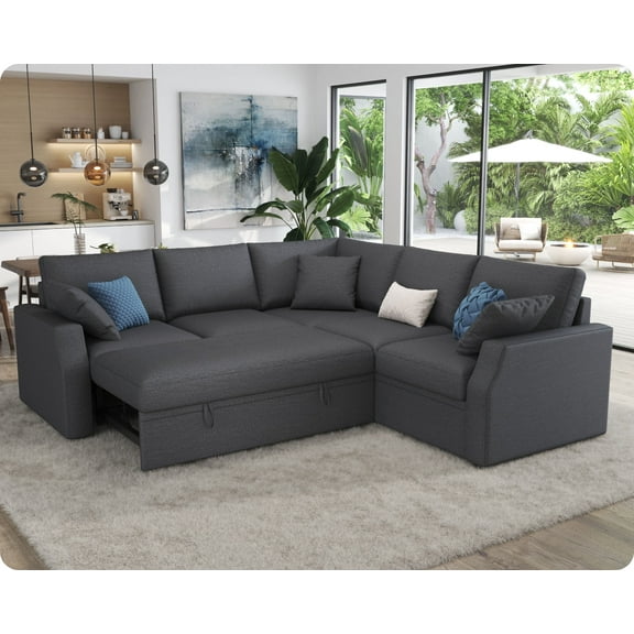 Roomy Homy Sofa Bed, 85 Inch Sleeper Sofa with Pull Out Sofa Bed, L Shaped Couch with Storage Seat, Sectional Couches for Living Room Apartment, Grey Linen Sofa Couch