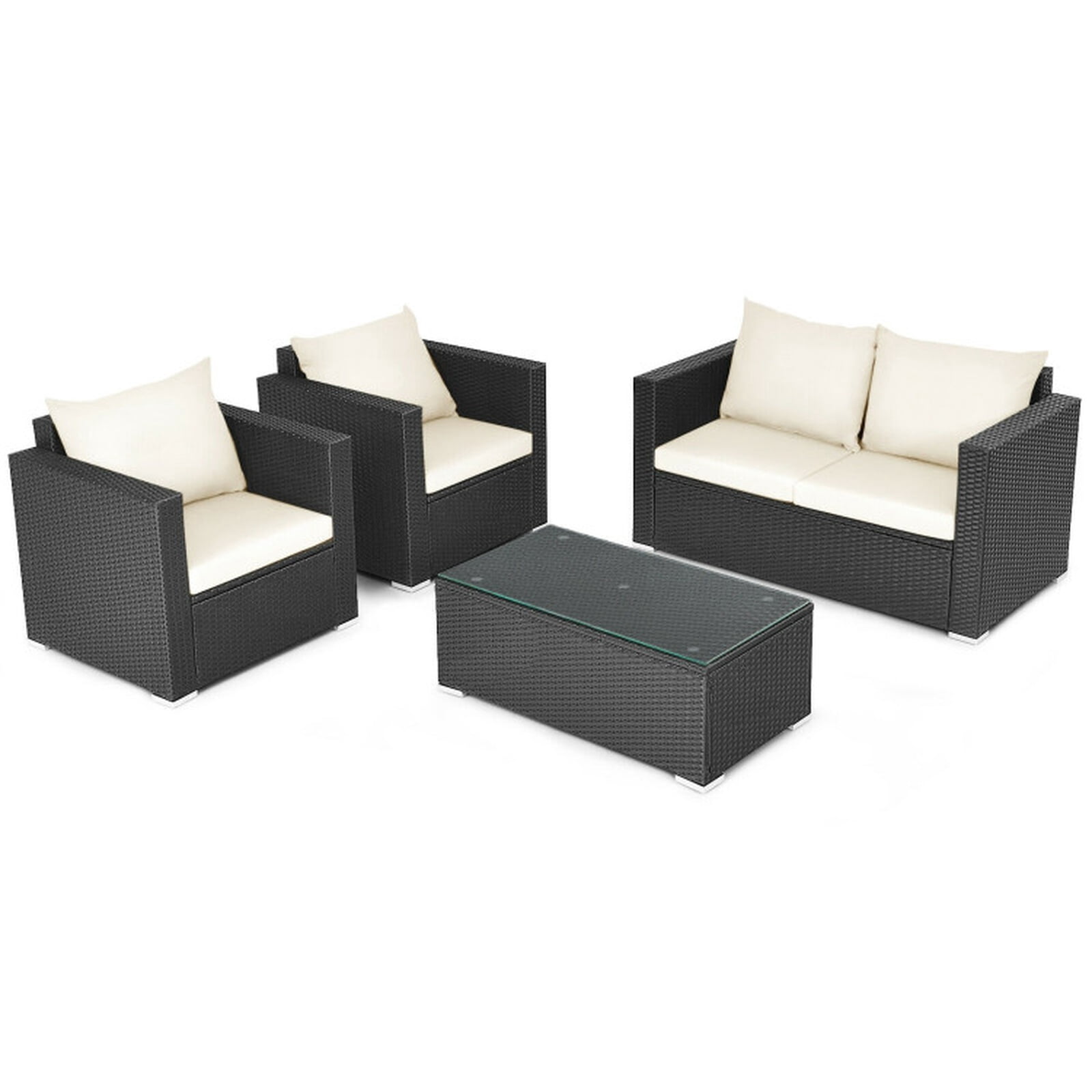 Furnibear 4 Pieces Patio Rattan Conversation Set Outdoor Wicker Furniture Sofa Set with Padded Cushions and Tempered Glass Coffee Table for Garden Backyard, White