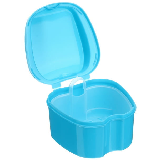 Estuche para prótesis dentales, caja de baño para prótesis dentales, caja de almacenamiento de dientes postizos con contenedor de red colgante (azul claro)