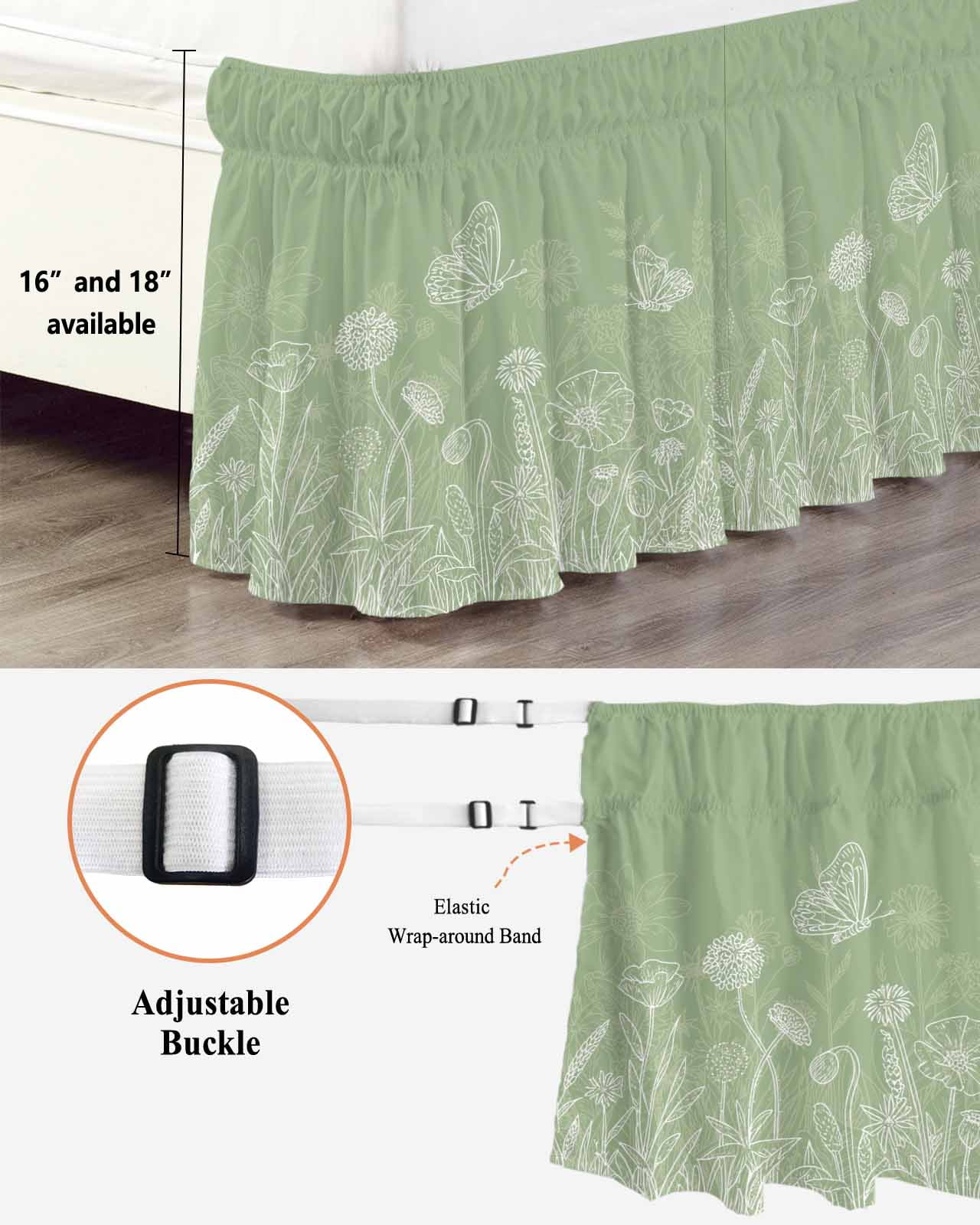 Spring Flower Butterfly Bed Skirt Queen Size 16 Inch Drop, Plant Floral Lines Countryside Green Adjustable Elastic Dust Ruffles Bedskirt for Queen Bed Wrap Around Pleated Mattress Frame Cover
