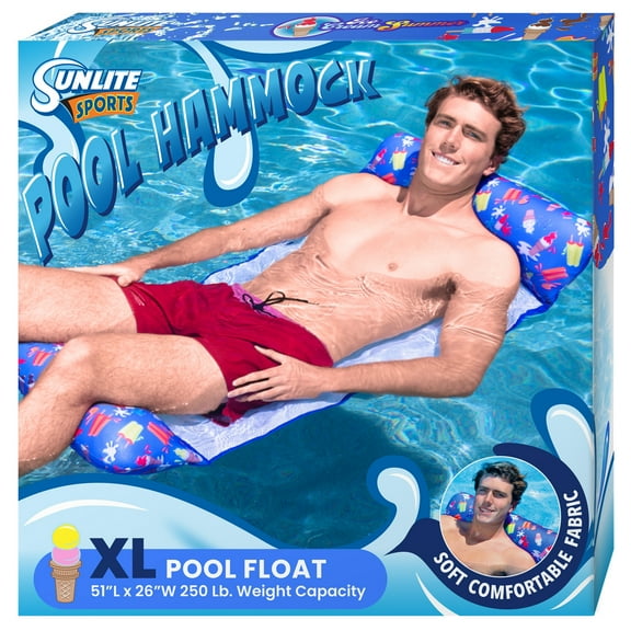 Sunlite Sports Ultra Comfort Pool Hammock and Float, Superior Soft Thick Fabric Cushion Material, Multi-Purpose Water Hammock Raft, Pool Lounge Chair, Blue Xtra Large For People 4'3 to 6'5 (One Piece)