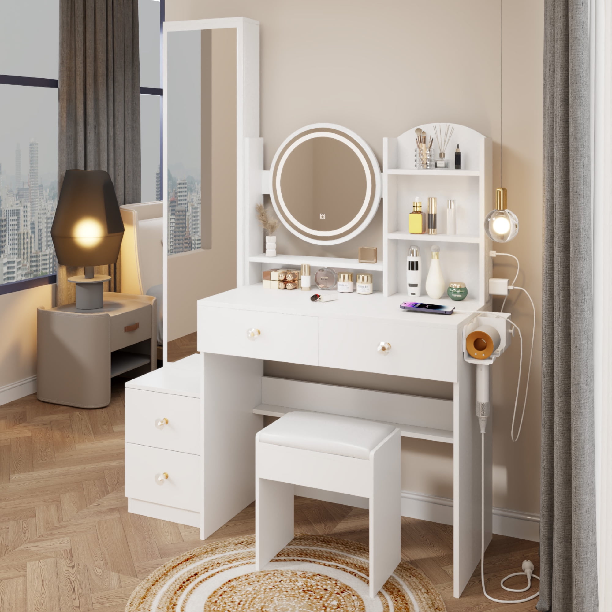 Mirror Cabinet Round Mirror LED Vanity Table Cushioned Stool with LED Mirror