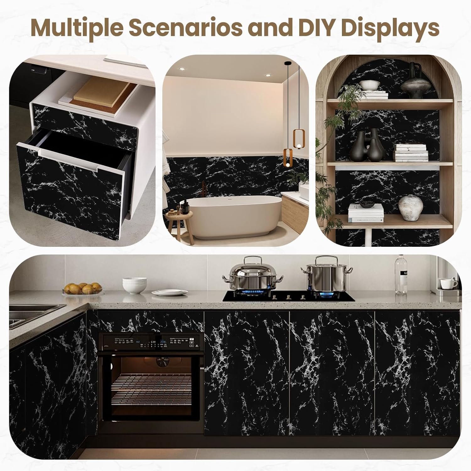 MaxxMarket Glossy Marble Wall Paper Granite Black/Grey Kitchen Countertop Cabinet Furniture Refurbishment Removable Wallpaper Peel and Stick Vinyl Roll 17.7" x 196.8"