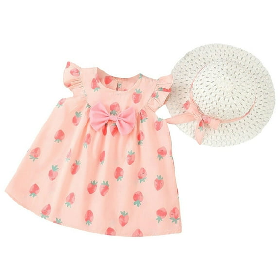 JLFKNG Toddler Baby Girls Dresses Cute Sweet Strawberry Printed Short Sleeve Ruffled Elastic Breathable Dress Party Sundress