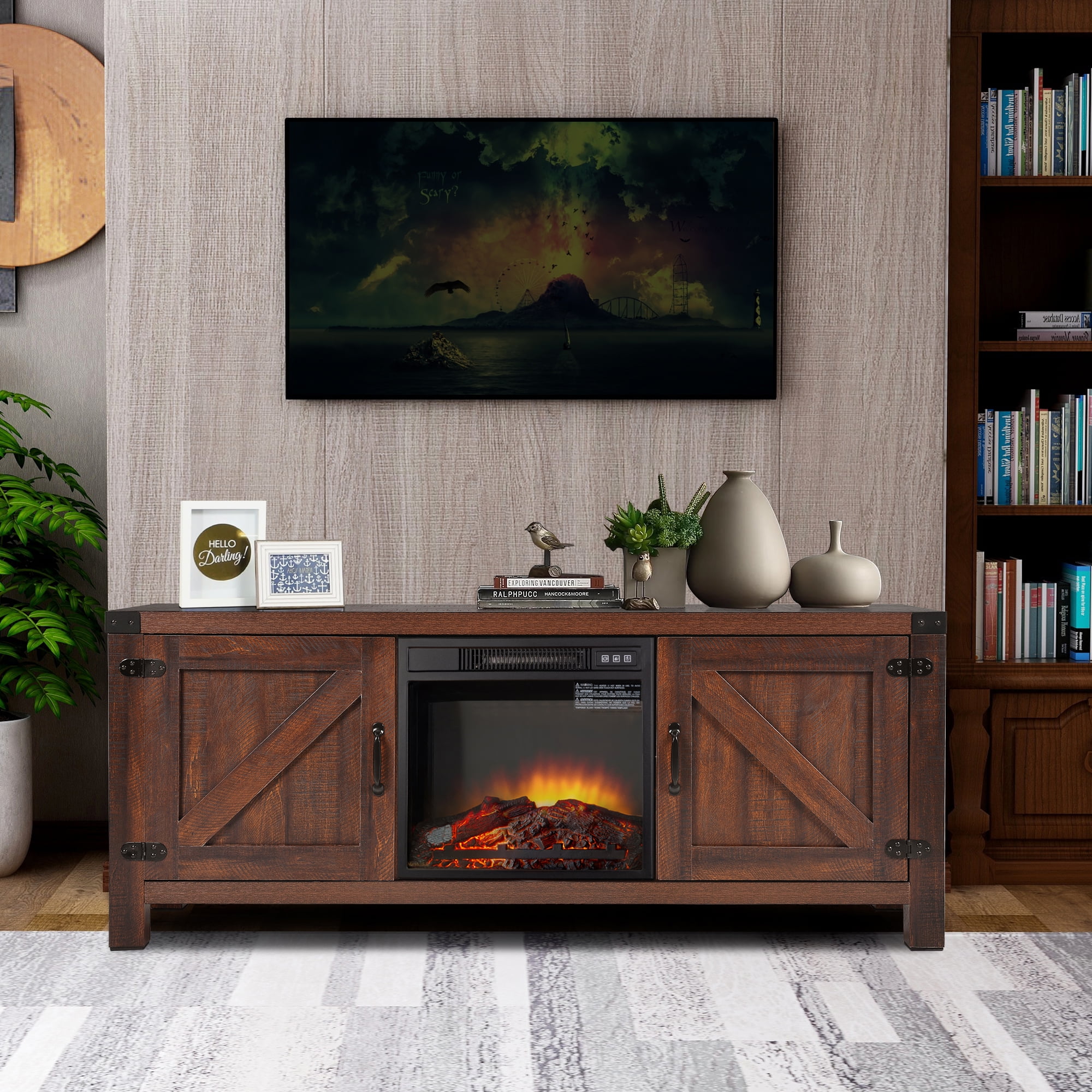 Seventh Electric Fireplace Tv Console For Tvs Up To 65 Farmhouse Barn Door Wood Fireplace Stand Tv Cabinet Living Room Storage Universal Tv Stand Entertainment Center Natural Q127 Walmart Com Walmart Com