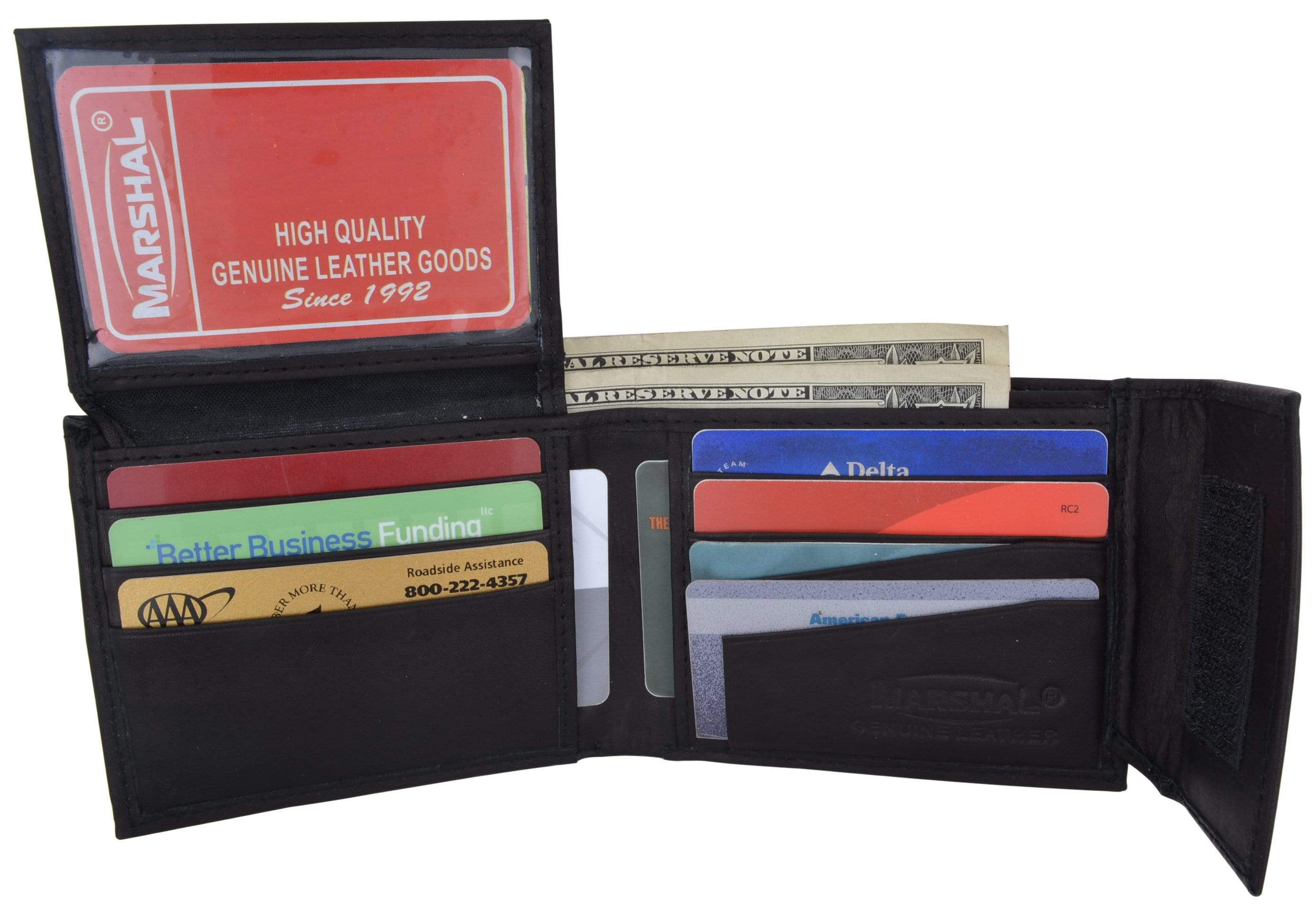 Leather Bifold Wallet with Hook and Loop Closure and Flap up Id Window