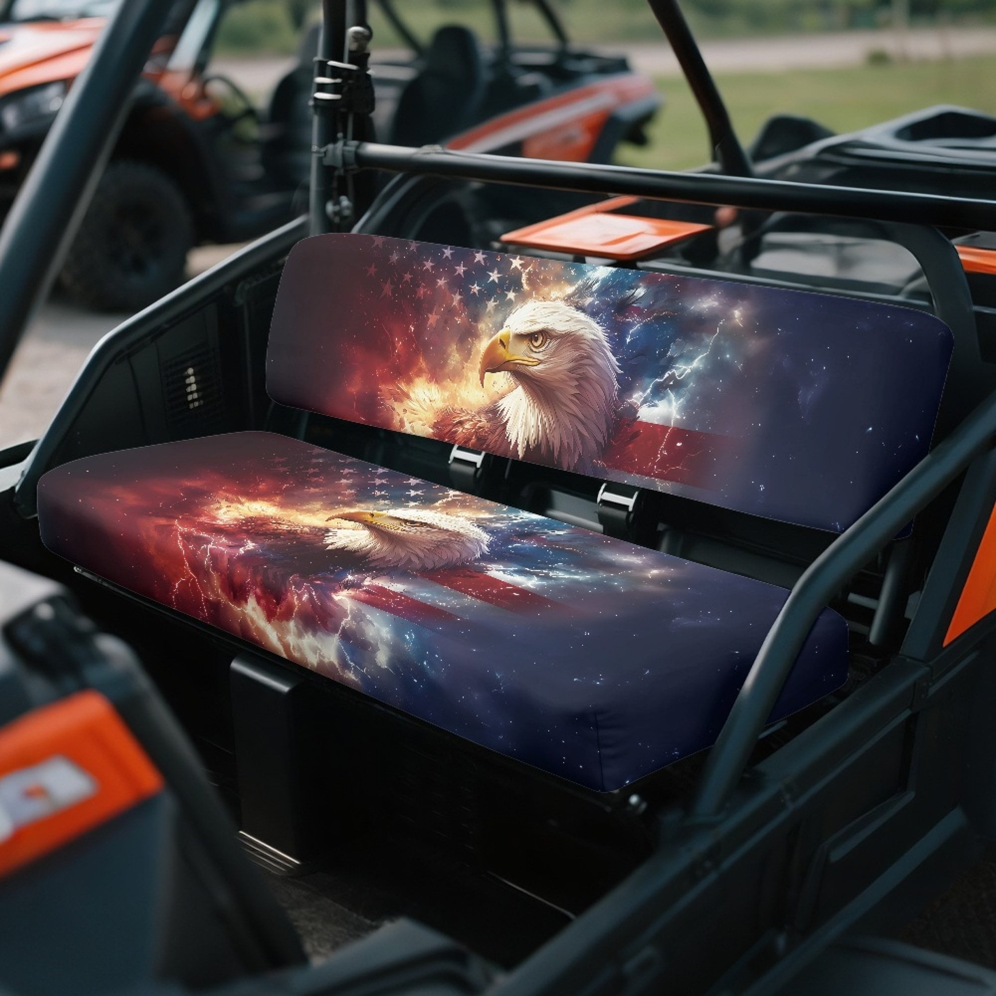 ZIATUBLES Universal UTV Front Seat Covers, 2-Pack Fits for Kawasaki Mule, Waterproof, Scratch-Resistant and Easy-Clean Protective Covers for Outdoor Farm Ranch (Bald Eagle USA Flag)