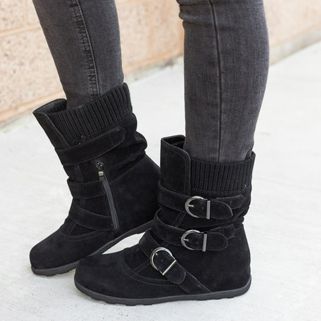Bottes de Neige pour Femmes en Daim Bout Rond Fermeture Éclair Couleur Unie avec Sangle et Boucle Garde au Chaud