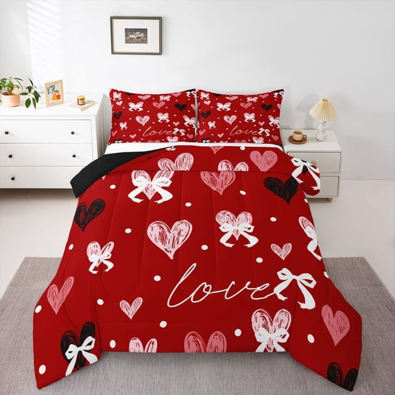 Castle Fairy Cute Bow Love Heart Twin Comforter Sets,Black Red Bedding Set