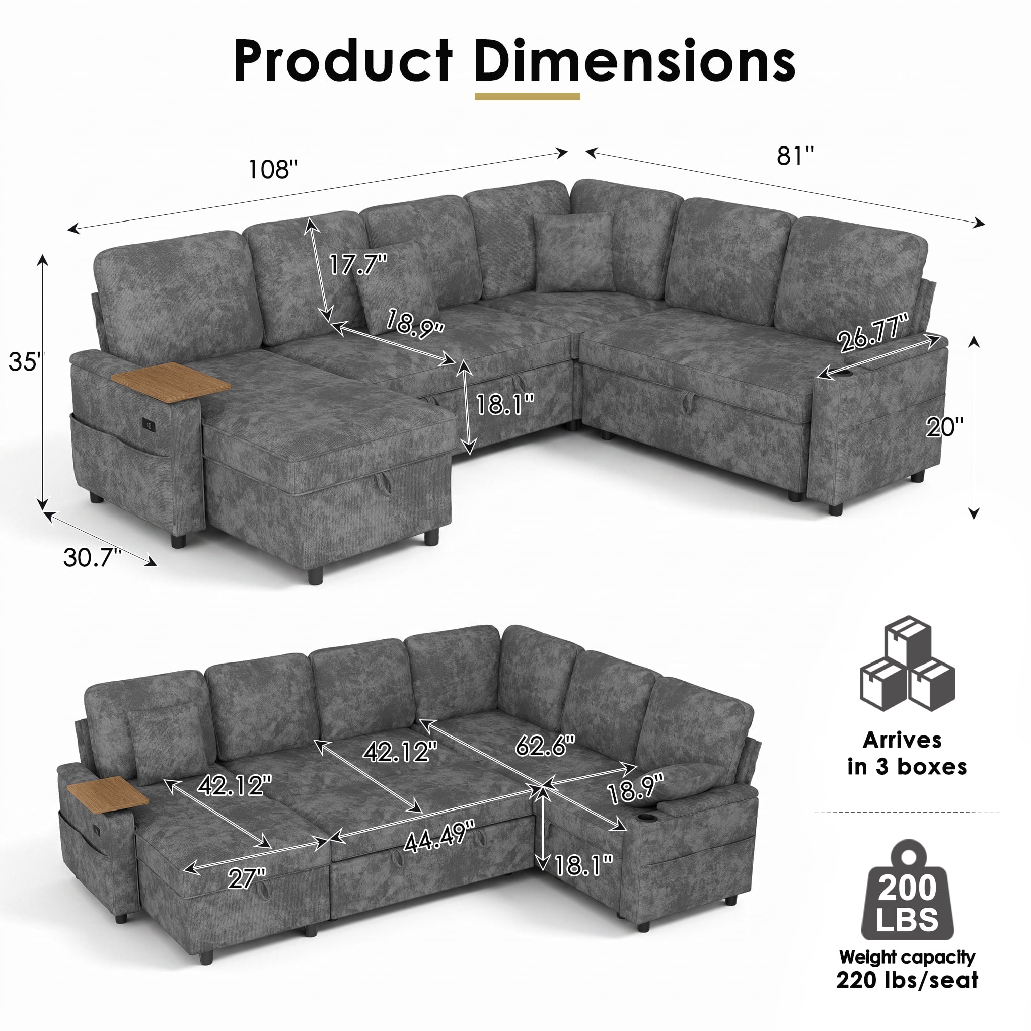 Xiweot 108" Modular Sectional Sleeper Sofa with Pull Out Couch, L Shaped Sofa Bed with Storage Chaise, Adjustable Backrest, USB Ports & Small Table, 7 Seaters Chenille Sofa for Living Room (Gray)