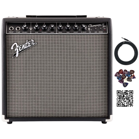 Fender Champion II 50-Watt Guitar Combo Amplifier Bundle with Instrument Cable, Picks, and Austin Bazaar Instructional Video
