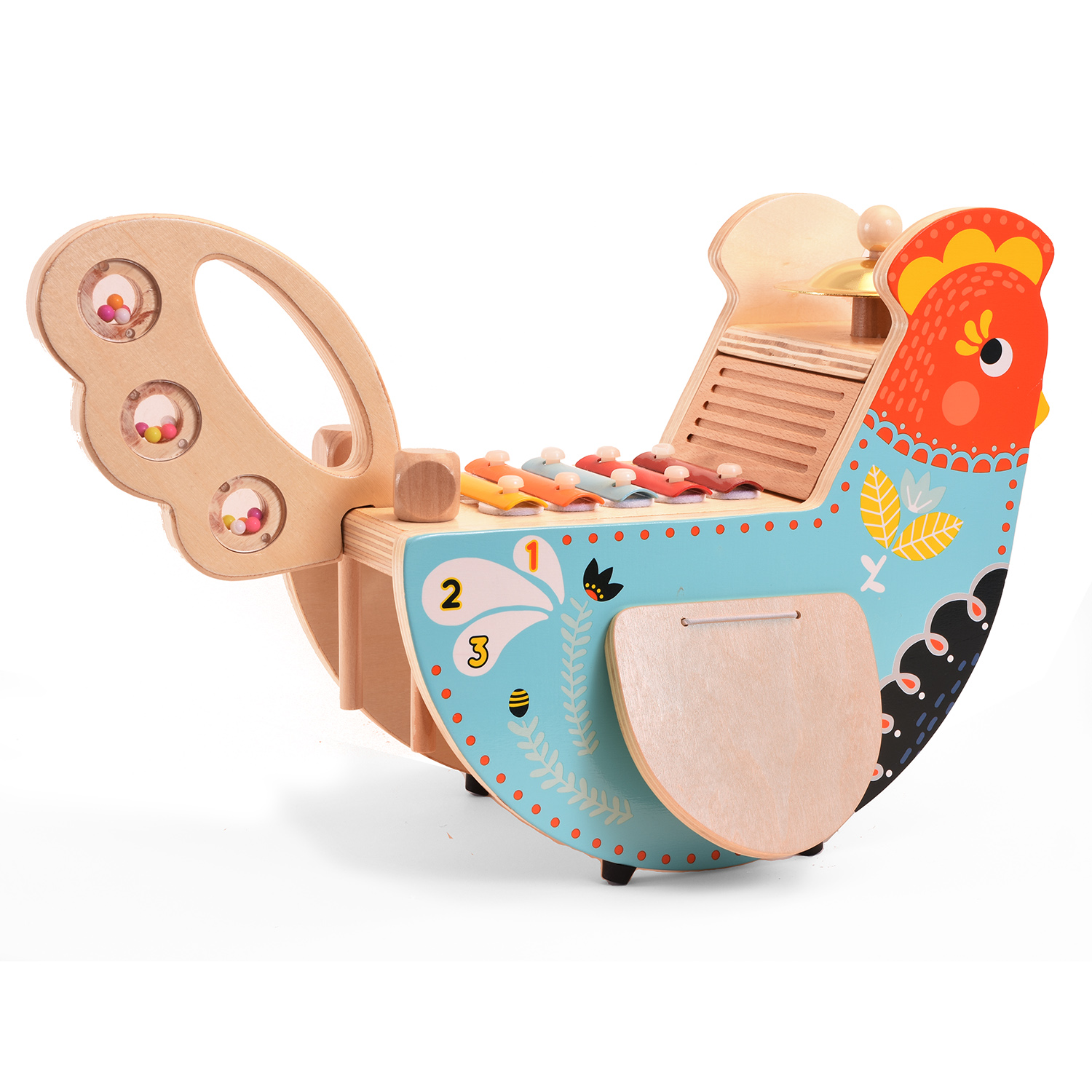 Manhattan Toy Musical Chicken Wooden Instrument for Toddlers with Xylophone, Drumsticks, Cymbal and Maraca - image 4 of 9