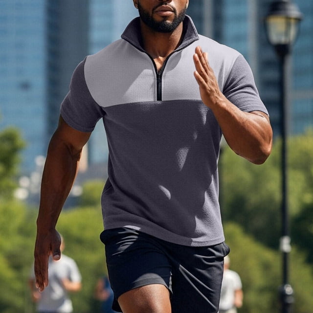 Ceisia Men's Slim Fit Short Sleeve Half-Zip Color-Blocked Top Waffle-Knit Texture Spring Summer Shirt Gift