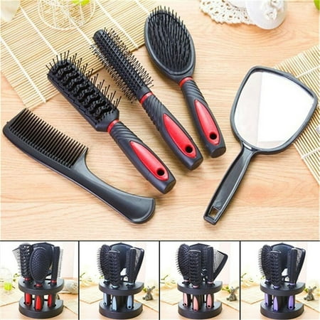 5PCS Pro Hair Brush -Women Ladies Wet, Velvet Touch Paddle Hair Brush,Comb,Mirror And Holder Stand