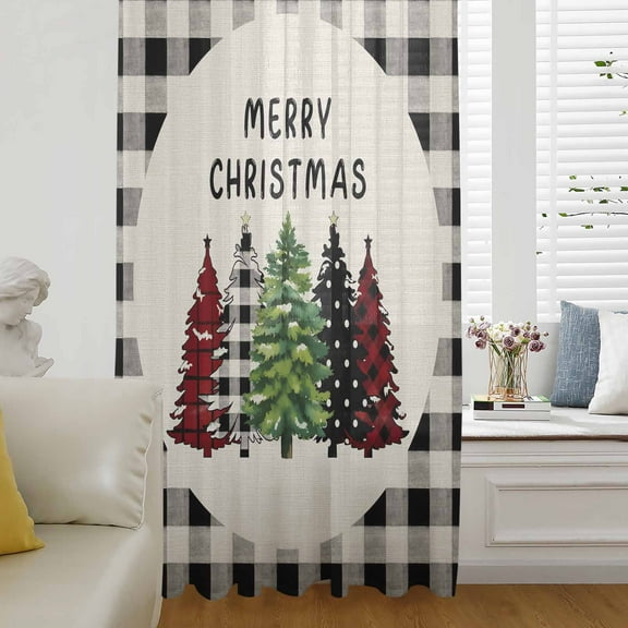 Christmas Tree Semi Sheer Curtains Drapes for Living Room, Bedroom, French Doors Window 108 Inches Long, Red Green Xmas Tree Black Plaid Rod Pocket Chiffon Curtain Drapery Voile Draperies Panel