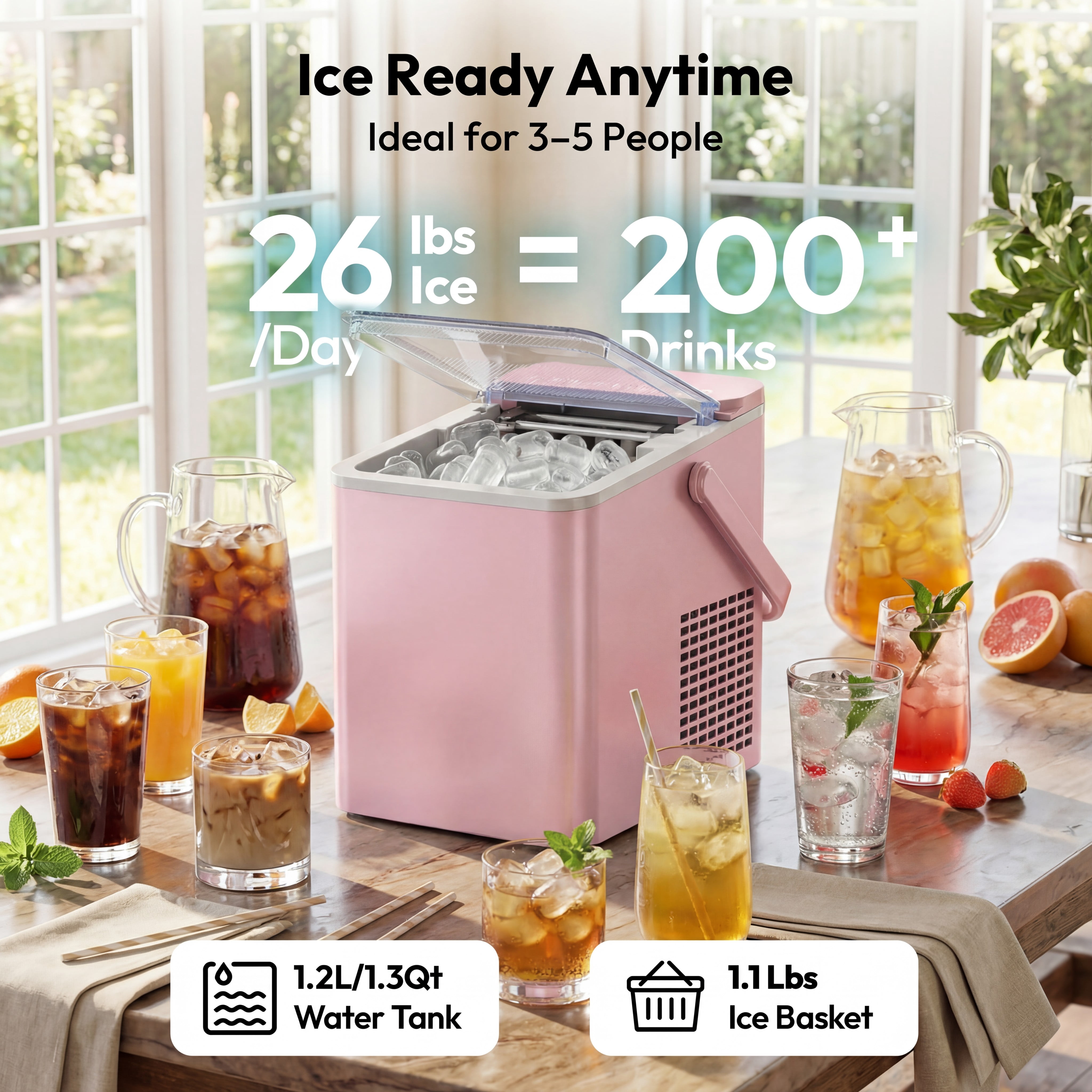 EUHOMY Countertop Ice Maker, 26 lbs/Day Portable Bullet Ice Machine, Self-Cleaning, Compact Design, Pink