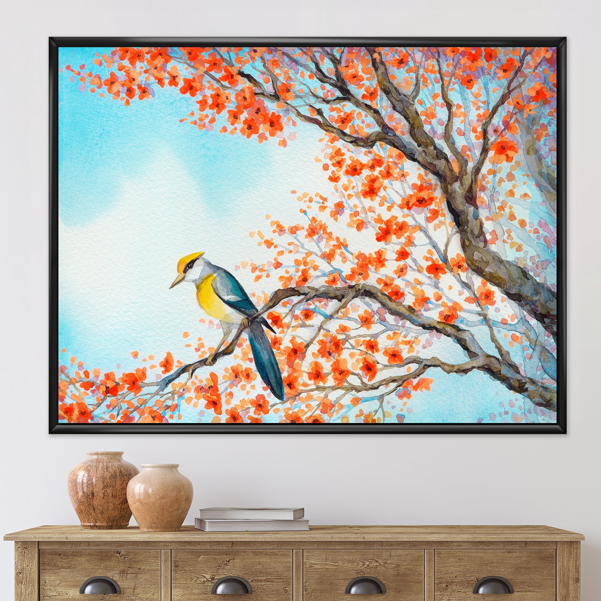 Designart 'Beautiful Orange Bird Sitting On Flowering Branch' Traditional Framed Canvas Wall Art Print