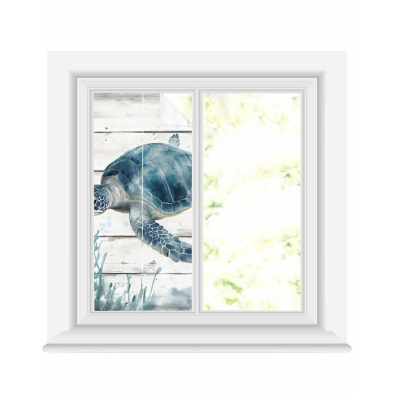 Window Privacy Film Ocean Sea Turtle Stained Glass Window Film Decorative Sun Block Window Cover Coastal Seaweed Vintage Wood Grain Window Clings Static Adhesive Sticker for Bathroom 19.6"x39.3"