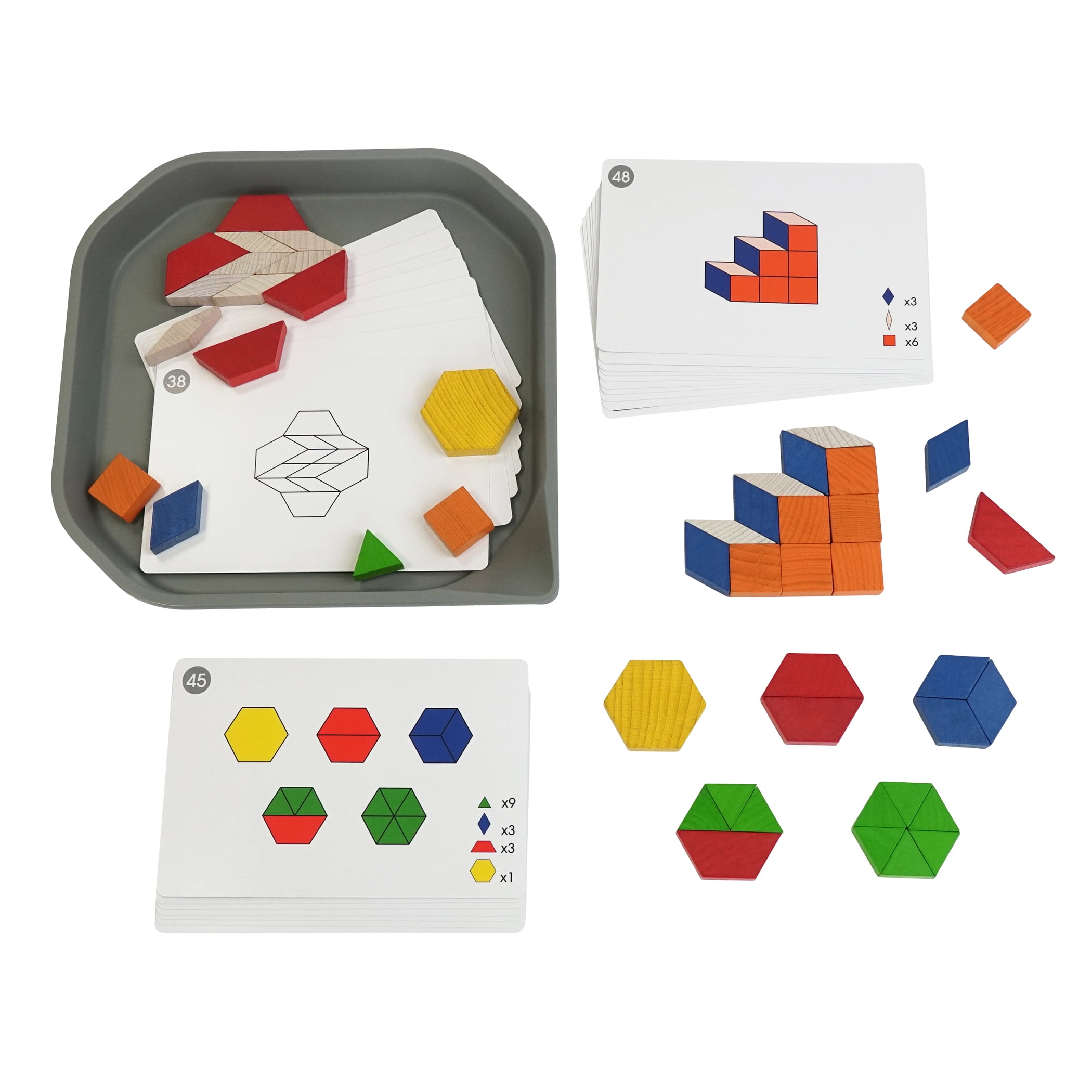 edxeducation FunPlay Pattern Blocks - Set of 60 Wooden Math Manipulatives + 50 Activities + Messy Tray