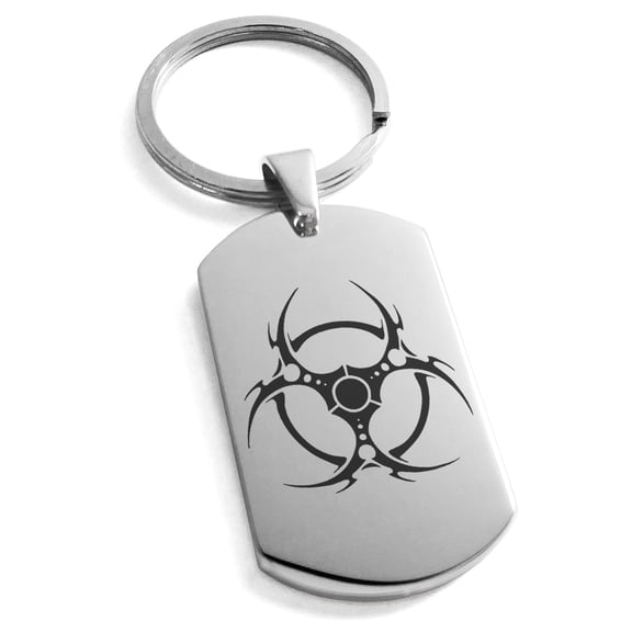 Stainless Steel Tribal Barbed Wire Biohazard Engraved Dog Tag Keychain Keyring