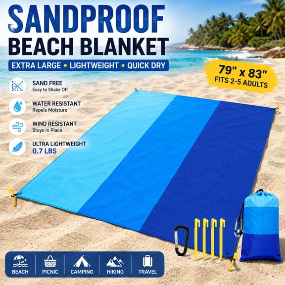 Sandproof Beach Blanket 79 x 83 Inch, Waterproof Quick-Dry Beach Mat for 2–5 Adults, Lightweight Foldable Picnic Blanket with 4 Ground Stakes, Storage Bag & Carabiner for Beach, Camping, Hiking