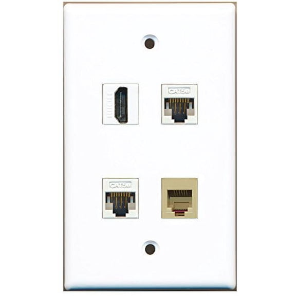 RiteAV - 1 Port HDMI 1 Port Phone RJ11 RJ12 Beige 2 Port Cat5e Ethernet White Wall Plate