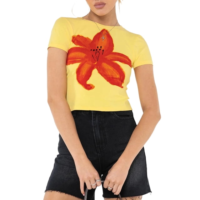 SUNSIOM T-shirt Graphique pour Femmes, Imprimé Floral Col Rond Manches Courtes Ajusté Hauts d'Été pour Usage Quotidien