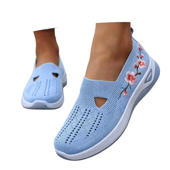 oqasdz Women Casual Shoes Mesh Breathable Floral Emborider Slip On Soft Sole Sneakers Round Toe Non Slip Comfortable Walking Shoes Outdoor Summer