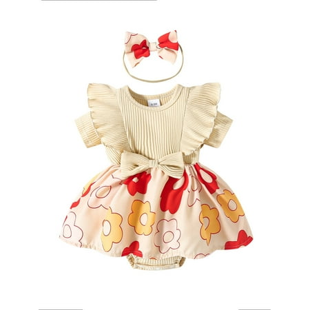 

Suealasg Newborn Girls 2Pcs Outfit 3M 6M 9M 12M 18M Baby Girl Summer Clothing Infant Girls Short Sleeve Floral Print Ruffle Romper Dress + Headband Set