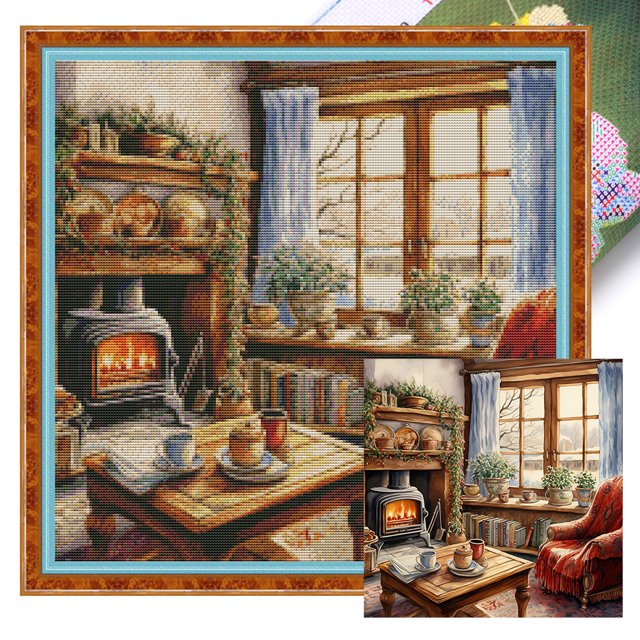 Hilo de bordar de algodón completo, estampado de 11CT, punto de cruz para habitación de calentamiento de invierno, 50x50cm
