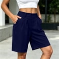 thumbnail image 5 of Puyaiuu Women Elastic High Waist Pleated Side Pocket Knee Length Bermuda Shorts Navy M Gift, 5 of 6