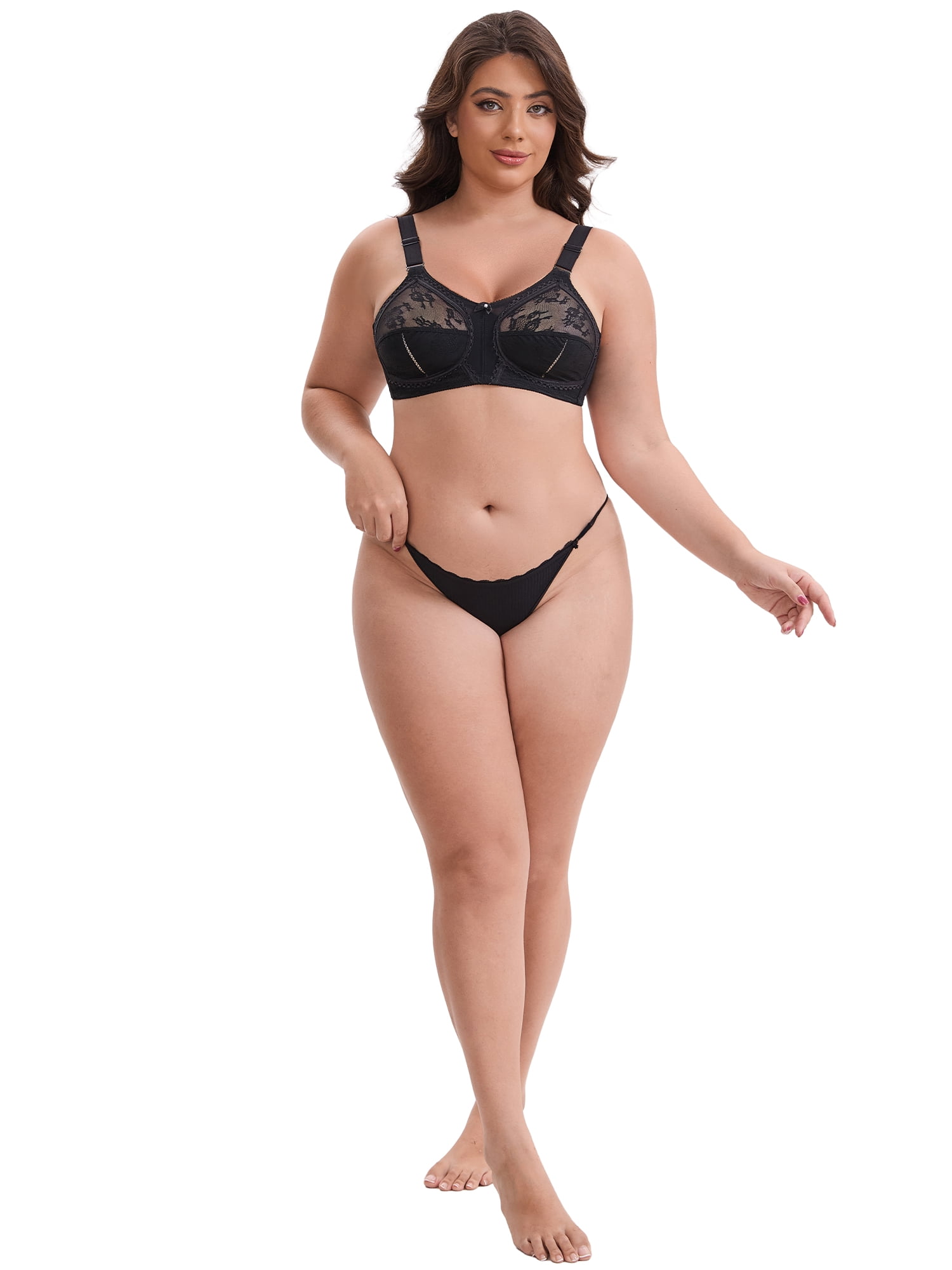 DARING DIVA Women's V-Neck Full Cup Wireless Adjustable Straps Bralette Lace 36C Black