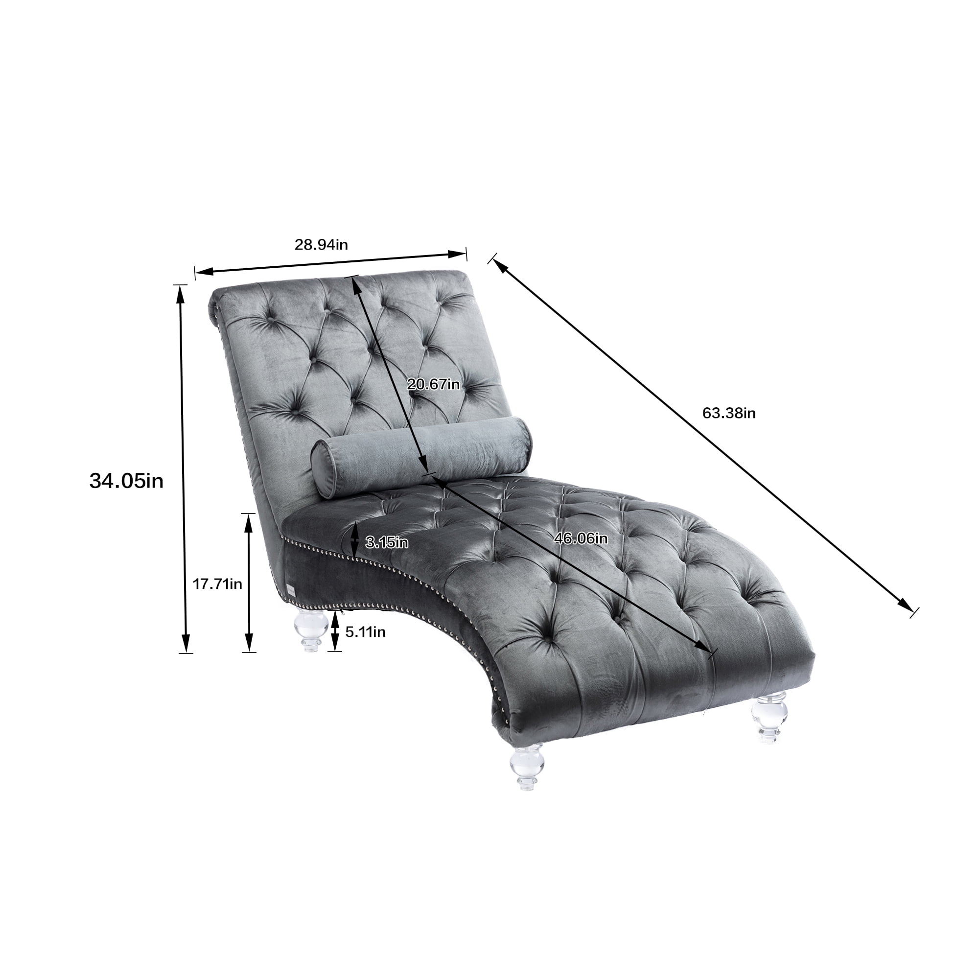 MAYEERTY Velvet Chaise Lounge Indoor,Button-Tufted Upholstered Chaise Lounge Chair with Pillow for Bedroom Living Room Office，Silver Velvet