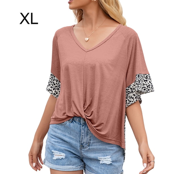 Camiseta de mujer con estampado de manga corta, cuello en V, camiseta suelta torcida de verano, marrón, XL Vogacara AP001233-16