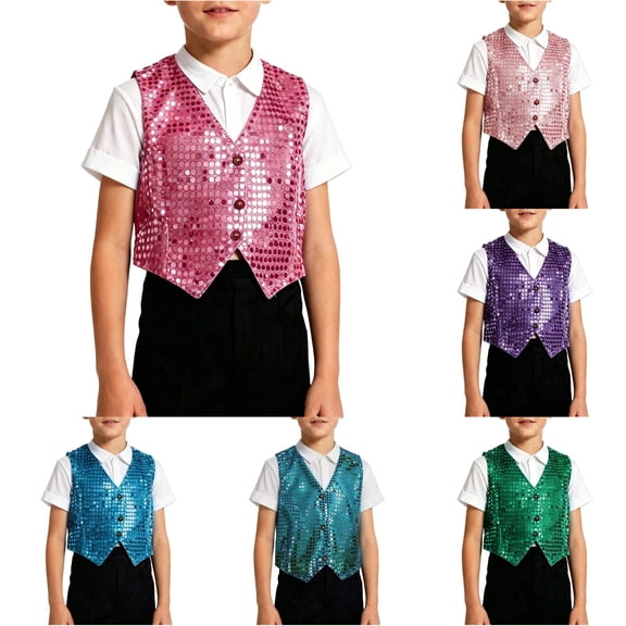 WhouRiu Boys Glitter Sequins Vests Sleeveless Button Down Dance Tank Tops Kids Fashion Stage Performance Party Clothing,4-5 Years