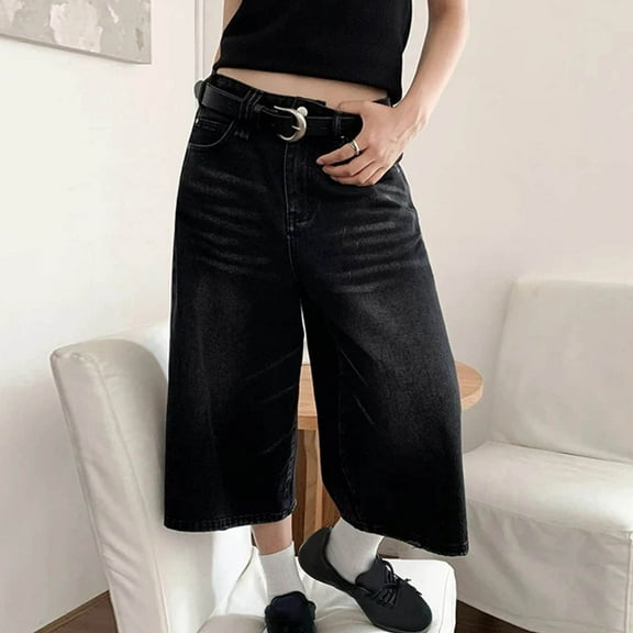 Aueoeo Woman Cropped Pants Wide Leg Jeans High-Waisted Straight Leg Full Wide Leg Jeans Medium Trousers Motorcycle Jeans
