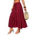 thumbnail image 3 of Women Solid High Waist Tiered Pleated A-Line Maxi Cake Skirt Wine Red S, 3 of 7