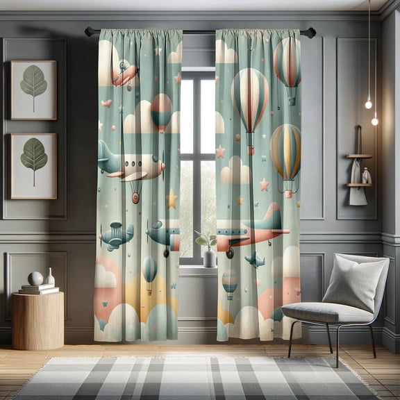 Ambesonne Planes Curtains, Cartoon Sky Scene Aircrafts, Pair of 28"x95", Pale Teal Blush Off White