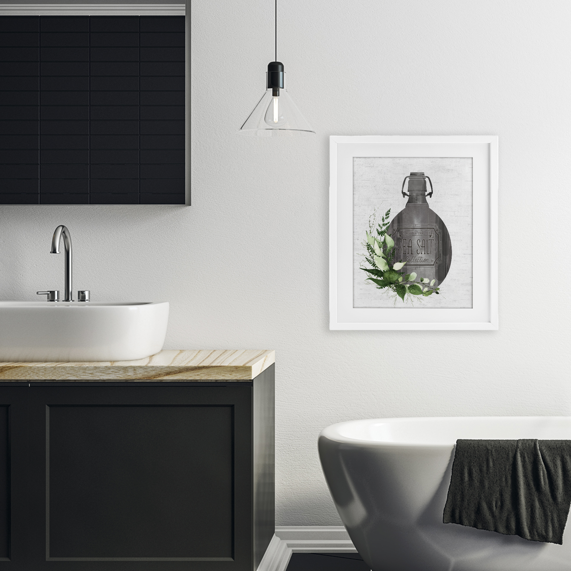 Vintage Bottle with Bathroom Herbs White Framed Print Under Glass, design by Lettered and Lined