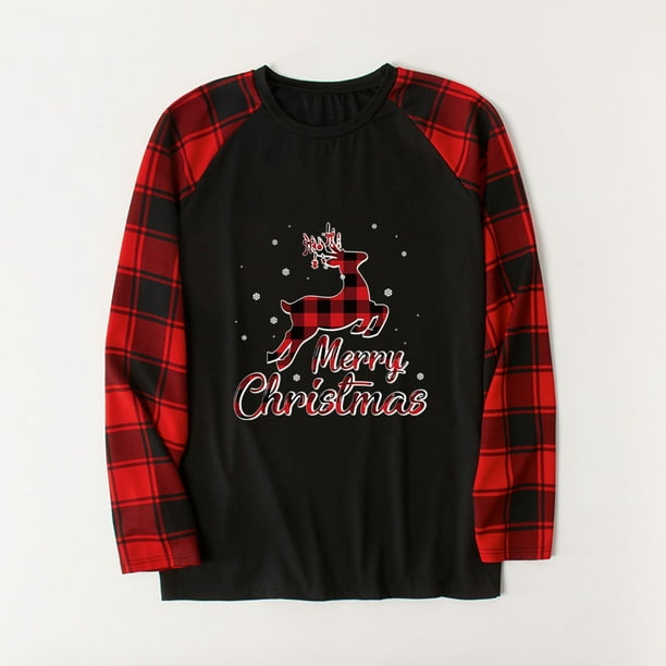 Family Christmas Pajama Sets Women's Deer Long Sleeve Tee and Plaid Pants