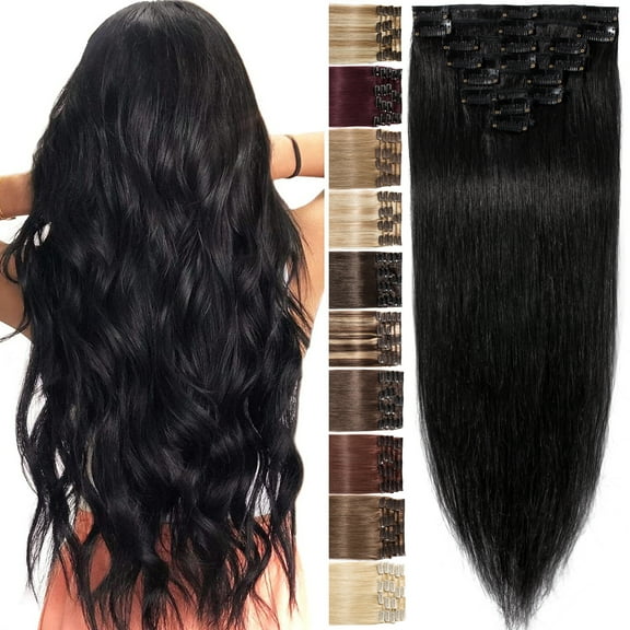 Benehair Clip in Human Hair Extensions Full Head 100% Remy Real Hair 8pcs Black Straight For Women 8"-24"