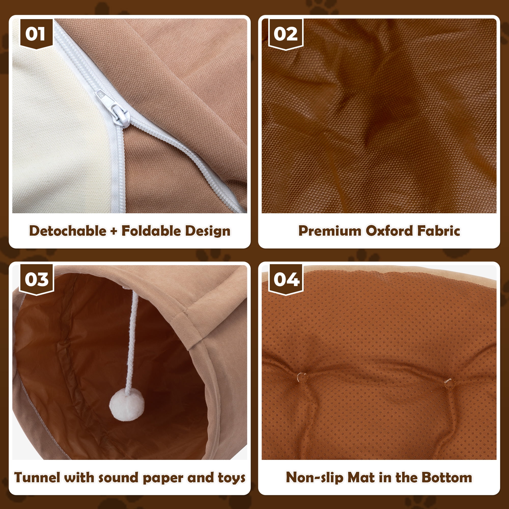 COZIWOW 2-in-1 Cat Tunnel Bed, Cat Tube with Collapsible Washable Mat for Indoor Cats, Coffee