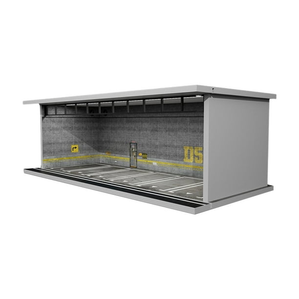 Vitrina de coche fundida a presión 1/64 con escena de estacionamiento de coche, vitrina de garaje de coche con luz para coches de juguete de colección Gris Hugo estacionamiento