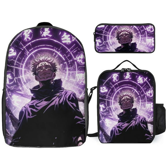 Jujutsu Kaisen Satoru Gojo 3 Piece Backpack Set with Lunch Bag Pencil Case, High Capacity Bookbag with Lunch Box Pen Box for Man Women Workplace Travel